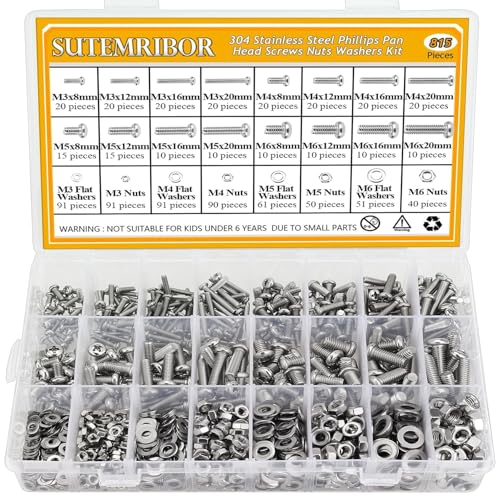 815 Pieces M3 M4 M5 M6 Phillips Pan Head Machine Screws Nuts Washers Assortment Kit, Metric Machine Screw Assortment, 304 Stainless Steel, Fully Threaded - size: M3M4M5M6 (815 Pieces), style: Phillips Pan Head