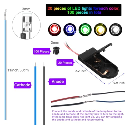 Riakrum 220 Pcs 12v LED Lights Kit 100 Pcs Emitting Diodes Pre Wired LED Lights Diodes with 100 Plastic Holders 20 Battery Holders(Multicolored,3 mm)