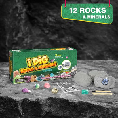 Rocks & Minerals Dig Kit - 12 Pack Real Gemstone Excavation Bricks, Crystals, Pyrite, Amethyst Archeology Digging Toys, STEM Educational Gift Box Party Favors for Kids Boys Girls Age 6+