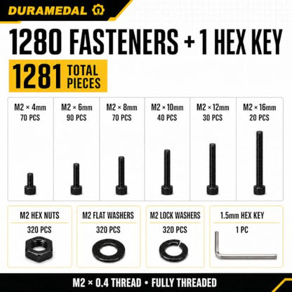 M2 Hex Socket Head Screws Assortment Kit 1280pcs,M2x4/6/8/10/12/16 mm - size: M2x4/6/8/10/12/16mm 1280pcs