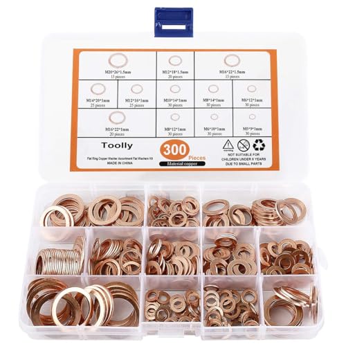 Toolly Copper Washer Assortment Set, 300Pcs 12-Sizes Copper Metric Sealing Washers Kit, Flat Washers Assortment Kit (M5 M6 M8 M10 M12 M14 M16 M20)