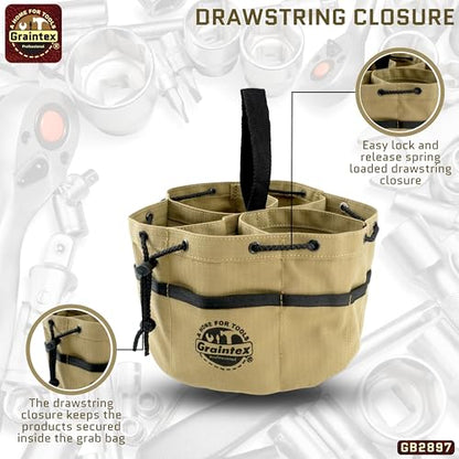Graintex GB2897 18 Pockets Grab Bag Khaki Color Rip-Stop Canvas Drawstring Closure, Small Parts Organizer Bag, Parachute for Screws, Tools, - color: Khaki