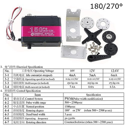 150KG Robot Arm Servo High Torque Digital Servo 270 Degree Waterproof IP66 Full Metal Gear with U-Shaped Mount for 1/5 RC Car Robot - size: 150KG 270°
