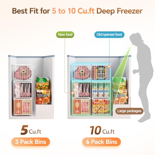Freezer Organizer Bins, 6 Pack Enlarged Baskets for 5-9 Cu.FT Deep Freezer - color: white 6 pack