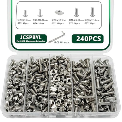 240 pcs M5 T Nut Screws Kit for 2020 2040 2080 Aluminum Extrusion, 120 pcs Silver M5x8/10/12/14mm Hexagon Socket Screws and 120 pcs M5 Drop in T-Nuts with 1 pcs Hex Wrench - style: 240pcs 20 Series Screws Kit Silver B