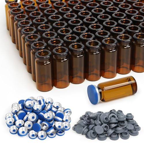 100 Pack 10ml Amber Glass Vials with Caps – 2.5 Dram Lab Headspace Vials - color: Amber Vial Blue Cap, size: 10ml