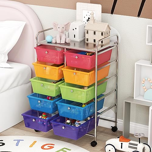 COSTWAY 10 Drawer Rolling Storage Cart, Utility Cart with Lockable Wheels - color: Rainbow, size: 10 Drawer