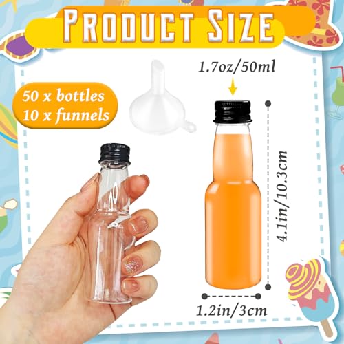 50 Pack 1.7oz Mini Liquor Bottles,Plastic Shot Bottles with Cap Small Water Bottle Empty Alcohol Shot With 10 Funnels for Party Favor,Weddings - size: 50 Pack