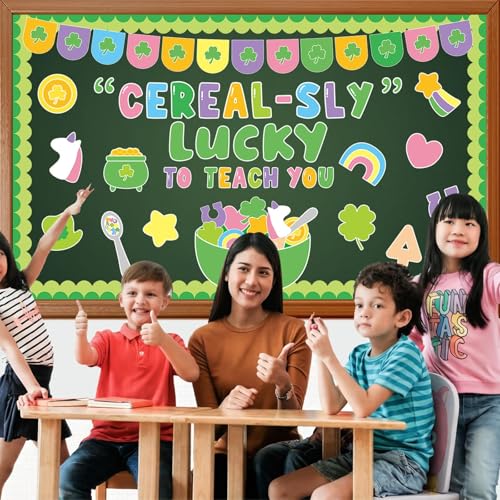 St. Patrick's Day Bulletin Board Set March Classroom Decorations Lucky Shamrock Unicorn Paper Cutouts St. Patrick's Day Green Bulletin Board Borders for School Wall Door Decor - style: Luck to Teach You
