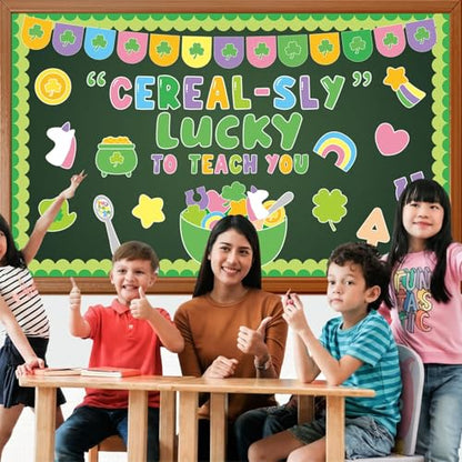 St. Patrick's Day Bulletin Board Set March Classroom Decorations Lucky Shamrock Unicorn Paper Cutouts St. Patrick's Day Green Bulletin Board Borders for School Wall Door Decor - style: Luck to Teach You