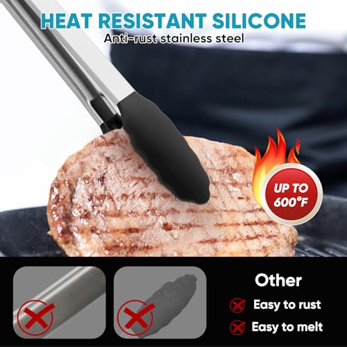 12 & 9 Inch Kitchen Tongs for Cooking with Silicone Tip,Black - color: 9" +12"-Black