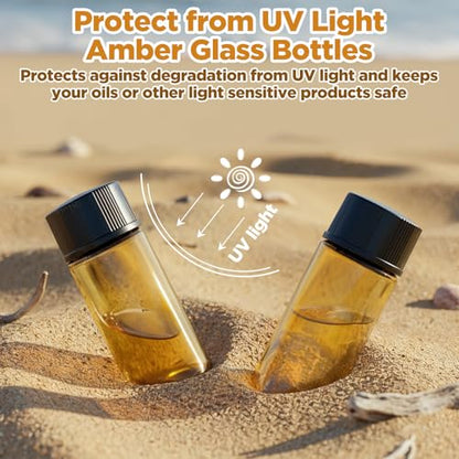 100 Packs 5 ml (1/6 oz) Mini Essential Oil Bottles with Caps, Amber Glass Empty Refillable Travel Glass Liquid Sample Vial Preservation Storage Vials Test Container-Rubber Stopper&Dropper