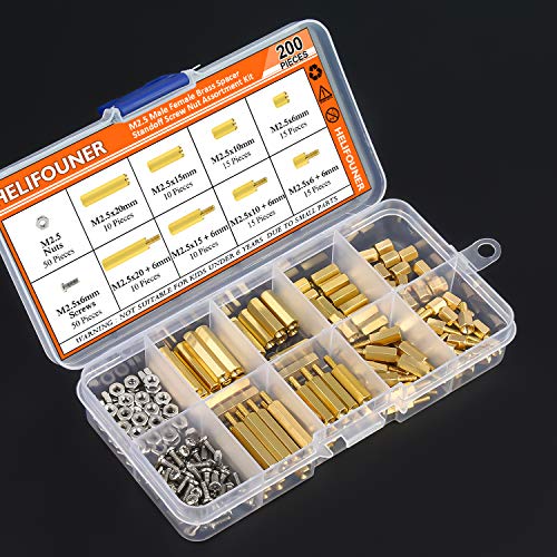 HELIFOUNER 200 Pieces M2.5 Male Female Hex Brass Spacer Standoff Screw Nut Assortment Kit - size: M2.5 Brass Standoff Kit