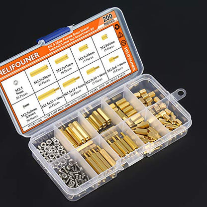HELIFOUNER 200 Pieces M2.5 Male Female Hex Brass Spacer Standoff Screw Nut Assortment Kit - size: M2.5 Brass Standoff Kit