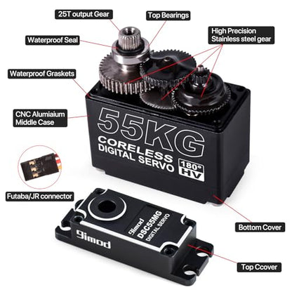 55KG High Torque Servo High Speed HV 8.4V Coreless RC Steering Servo Motors Stainless Steel Gear Low Profile Waterproof RC Crawler Servo for 1/8 1/10 1/12 Scale Cars DIY Robotic - 180 Degree