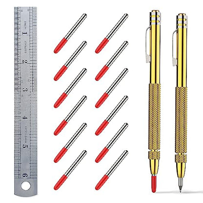Glieskir 2-Pack Tungsten Carbide Scriber Set with Magnet, Ruler and 12 Tips - color: 2PCS Godlen