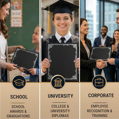 10 Pack Double Sided Certificate Holders 8.5x11 Black - Heavyweight 300gsm Cardstock Diploma Holder - Dual Certificate Folder Letter Size Graduation Award Certificate with Silver Foil Diploma Cover - color: Black-Silver, size: 10 Pack