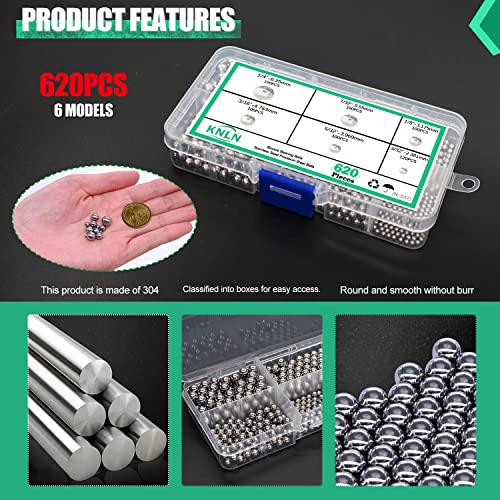KNLN/620PCS 6 Size Bicycle Bearing Balls Stainless Steel Precision Steel Balls Stainless Steel Assorted Loose Kit 1/4" 7/32" 3/16" 5/32” 1/8" 3/32" N-037-620PCS - size: 620PCS-6 SIZE-1/4"-3/32"