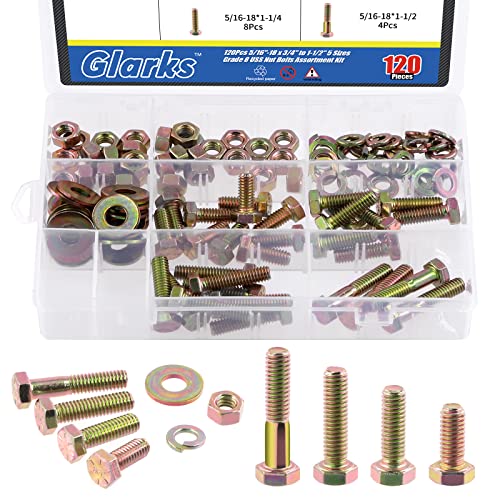 Glarks 120Pcs 5/16"-18 Grade 8 Coarse Thread Hex Bolts Nuts Screws Washers Assortment Kit, 4 Size 3/4", 1", 1-1/4", 1-1/2" Hex Head Cap Screws and Hex Nuts Flat Washers Lock Washers Set