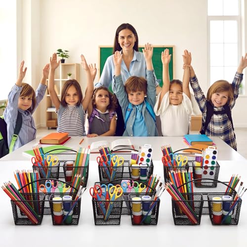 LemonRoad 6 Pcs Classroom Table Caddy Portable Metal Storage Caddy with Handle 3 Compartment Multipurpose Classroom Storage Organizer Caddies for Table Desk Office School Kids Room (Black)