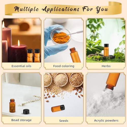 100 Pack,Glass Essential Oil Bottle with Screw Caps,Empty Refillable Travel Glass Liquid Sample Vial Labs Preservation Storage Leakproof Vials Test Container with Black Screw Caps (Amber, 10ml) - color: Amber, size: 10ml