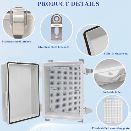 Waterproof Electrical Box with Mounting Plate, IP67 Junction Box Stainless Steel Latch Hinged Grey Cover Project Enclosure with Wall Bracket and 2 Glands 8.3" x 6.3" x 3.9" - color: Grey, size: 8.3" x 6.3" x 3.9"
