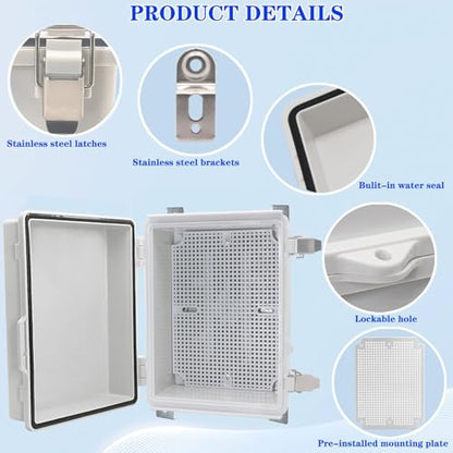 Waterproof Electrical Box with Mounting Plate, IP67 Junction Box Stainless Steel Latch Hinged Grey Cover Project Enclosure with Wall Bracket and 2 Glands 8.3" x 6.3" x 3.9" - color: Grey, size: 8.3" x 6.3" x 3.9"