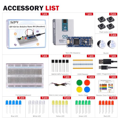 GeeekPi DIY Kit for Arduino Nano R4 with Headers, Beginner Electronics Learning Set, Includes Breadboard, LEDs, Resistors, Transistors,Push Buttons,Jumper Wires,USB-C Programming Cable,with Tutorial