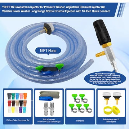 Adjustable Long Range Downstream Injection Nozzle Kit 2-2.5 GPM, Pressure Washer Spray Nozzle, Spray Nozzle Pressure Washer with 1/4" Quick Connect/15FT Hose/Shut-off Valve/Filter.2000 to 3000 PSI. - size: 2-2.5 GPM (Kit)