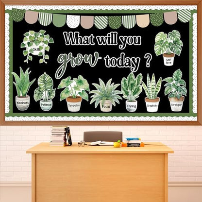 Plant Bulletin Board Decorations Set Inspirational Greenery Eucalyptus Classroom Decor What Will You Grow Today Growth Mindset Paper Cutouts for Back to School Teacher Home Wall Door Party Supplies - style: Plant