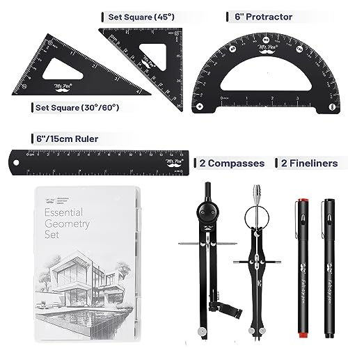 Mr. Pen- Professional Geometry Set, 15 pcs, Drafting Tools with Protractor - color: Black