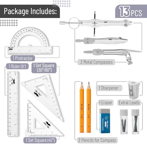 Mr. Pen- Geometry Set, 13 pcs, 3 Metal Compasses, Protractor, 6" Ruler | 45° & 30°/60° Set Squares, Pencils, Lead Refills, Sharpener & Eraser for Math, Drafting & Classroom Use - color: Grey