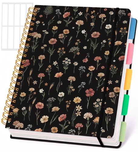 Cute Spiral Notebook 8.5 x 11 Lined Journal A4 with Pocket, Floral - color: Black Floral, size: A4