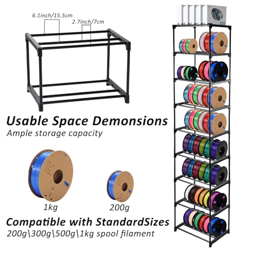 9-Tier Metal 3D Printer Filament Storage Rack, 16.5" x 12" x 80.7" Spool Holder DIY Tiers Filament Storage Shelf for 3D Printing Machine Workspaces Holds up to 54 Spools, Tool-Free Assembly