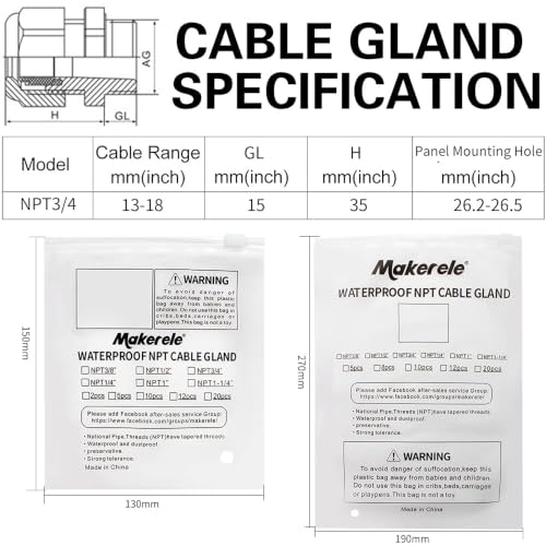 MAKERELE 3/4 Inch 5pcs NPT Cable Glands IP68 Waterproof Adjustable 13-18mm - color: Grey, size: 3/4" 5pcs BAG