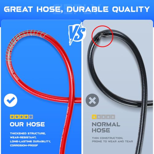 Sewer Jetter Kit for Pressure Washer 150 FT, Drain Cleaner Hose with Power Washer Gun, 1/4 Inch NPT Corner, Rotating and Button Nose Sewer Jetting Nozzle,Waterproof Tape, Pearl Corsage Pin, Spanner - color: Red - With Gun, size: 150FT