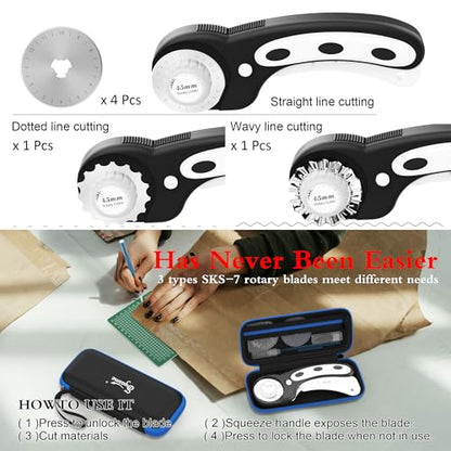 45mm Rotary Cutter | Rotary Fabric Cutter | Rotary Cutters for Sewing, Scrapbooking, Hobbies, DIY | A6 Cutting Mat, Storage Boxes, Precision Knives, Ruler, Spare Blades | Fabric Roller Cutter (Black) - color: Black