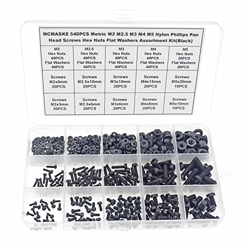 540PCS M2-M5 Black Nylon Phillips Pan Head Screws Nuts Washers Kit - size: M2, M2.5, M3, M4, M5