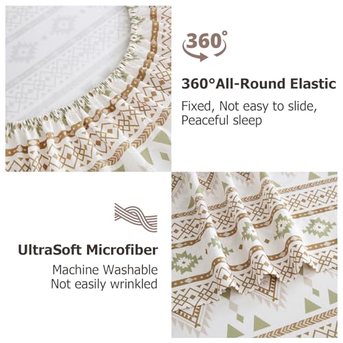 CozySmile 4 Pieces Queen Sheet Set Bohemian, Boho Sheets Soft Microfiber Deep Pocket, Western Sheets Geometric(Queen, Cream Olive Geometric) - color: B-cream Olive Geometric, size: Queen