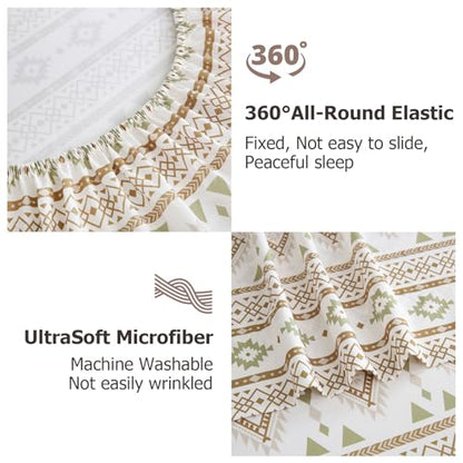 CozySmile 4 Pieces King Sheet Set Bohemian, Boho Sheets Soft Microfiber Deep Pocket, Western Sheets Geometric(King, Cream Olive Geometric) - color: B-cream Olive Geometric, size: King