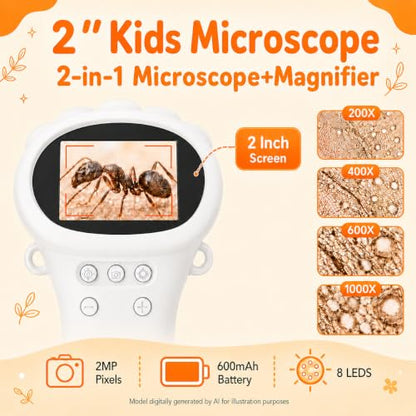 1000X Microscope for Kids, 2'' Screen Kids Wonder Quest Microscope Camera - color: White