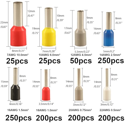 1200pcs AWG 22-7 Wire Ferrules Terminals Kit - 8 Types Ferrule Connectors - Pin Terminal Assortment - Insulated Copper Crimp Connector