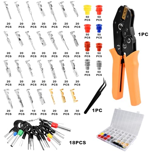 950pcs Pin Connectors Kit with Crimping Plier, Car Electrical 1/1.5/1.8/2.2/2.3/2.8/3.5mm Male & Female Wires Pins Seals Removal Tool kit, Motorcycle Non-Insulated Plug Crimp Set