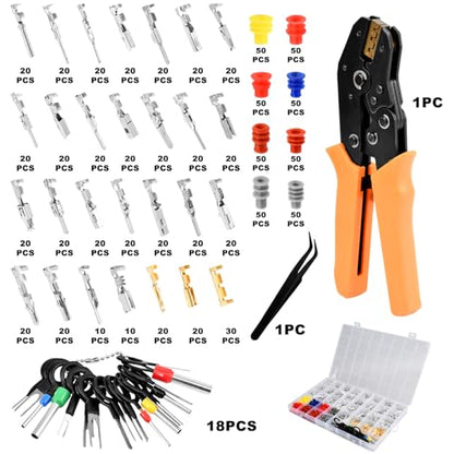 950pcs Pin Connectors Kit with Crimping Plier, Car Electrical 1/1.5/1.8/2.2/2.3/2.8/3.5mm Male & Female Wires Pins Seals Removal Tool kit, Motorcycle Non-Insulated Plug Crimp Set
