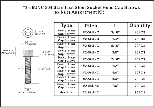 #2-56 UNC 304 Stainless Steel Knurled Hex Socket Cap Screw & Nut Kit - size: #2-56UNC