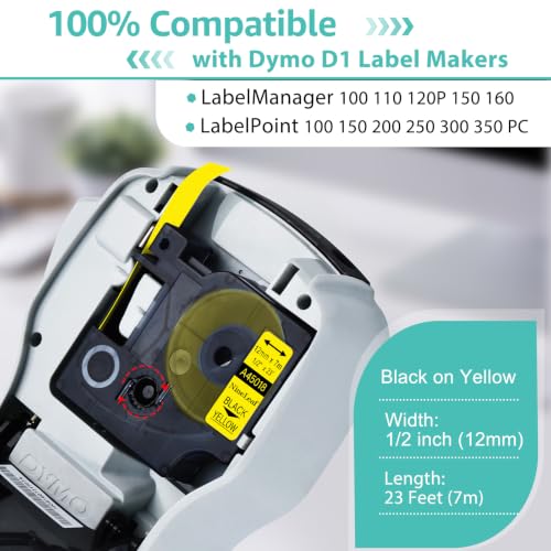 NineLeaf 3 Pack Compatible for Dymo D1 45018 S0720580 Label Tape 12mm 1/2 Inch Black on Yellow Refills Labeler for LabelManager 160 280 360D PNP LabelWriter 450 Duo ColorPop 3M Label Maker - color: Black on Yellow, size: 12mm