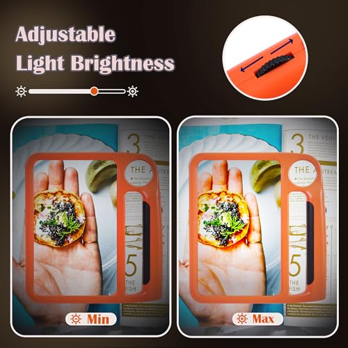 5X 10X Full Page Magnifying Glass for Reading, Rechargeable with 48 Adjustable LED Lights & 3 Light Modes, Comfort-Grip & Lightweight Handheld Magnifier for Seniors, Reading Aid, Low Vision(Orange) - color: Orange