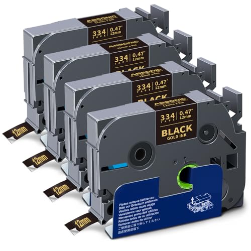 4-Pack Tz-334 Gold on Black Tze 12mm Label Tape Replace for Brother Tze-334 - color: Gold on Black
