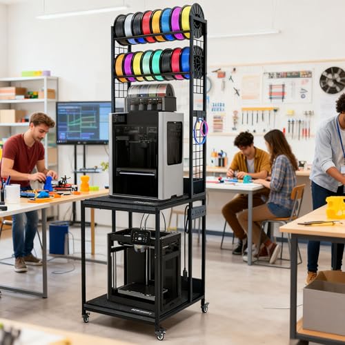 Heavy Duty PRT22 3D Printer Stand with Power Hub, High Density Polymer Vibration Damping Pads, Elevated Storage & Locking Wheels for Most Large Printers - color: Black