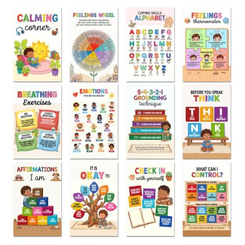 Calming Corner Classroom Posters (11x17, Matte Laminated, Set of 12) – Feelings Wheel, Coping Skills Alphabet, Breathing & Grounding Techniques – Social Emotional Learning Wall Decor for Preschool, Therapy Room